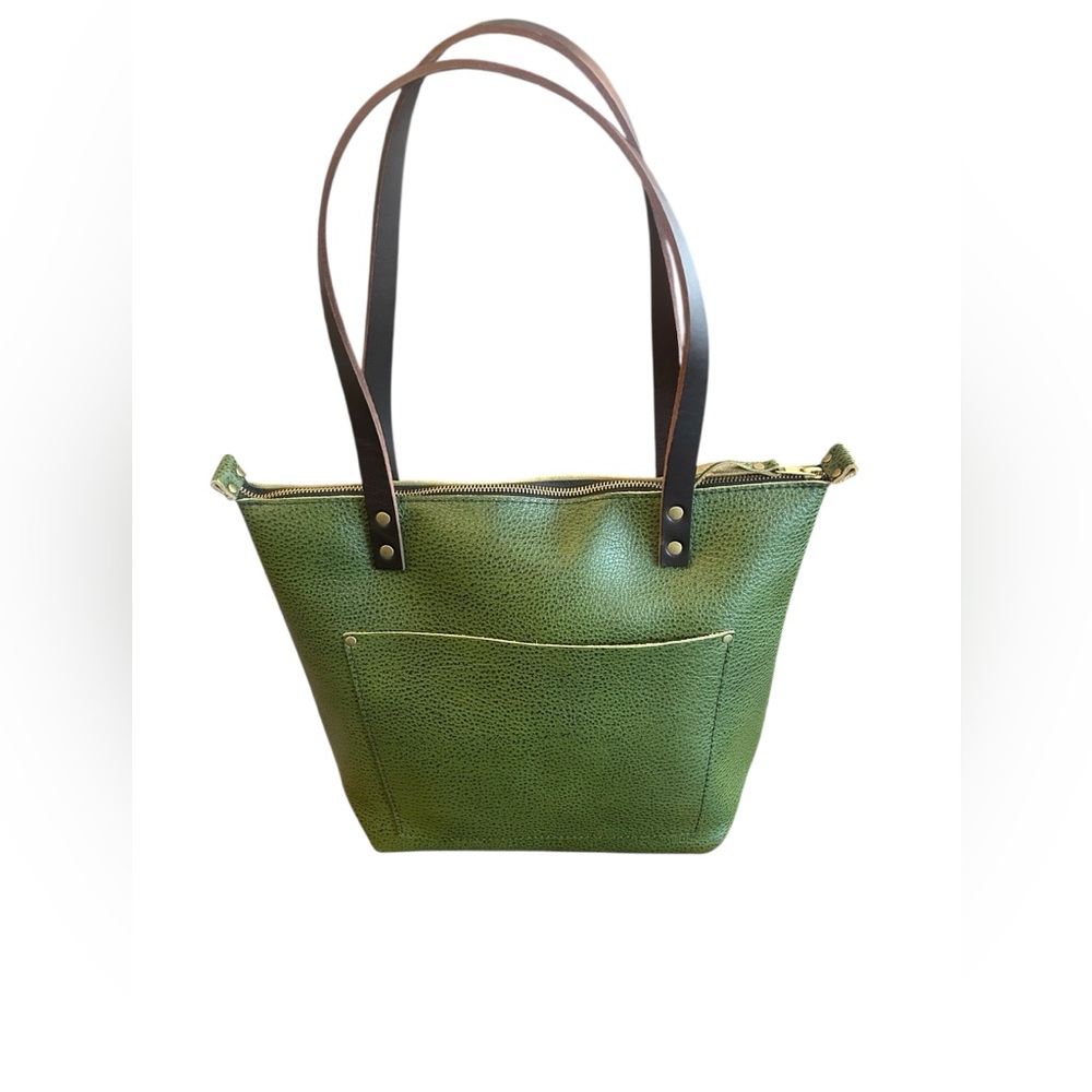 Portland Leather Goods Green Leather Tote with Dark Brown Straps & Zipper